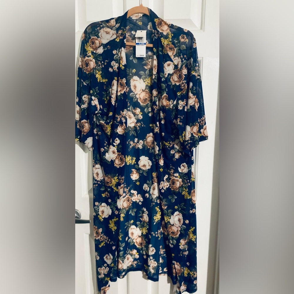 ULTRA FLIRT Womens Navy Sheer Floral Kimono Sleeve Duster Top Juniors XL
